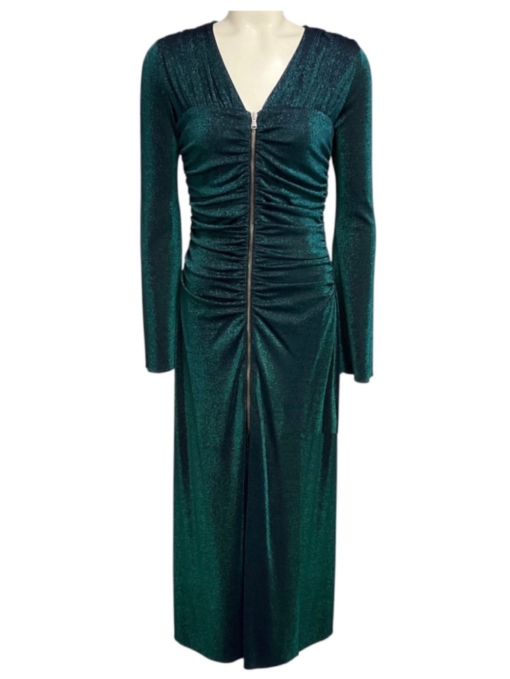 SIES MARJAN GREEN METALLIC ZIP FRONT MIDI DRESS